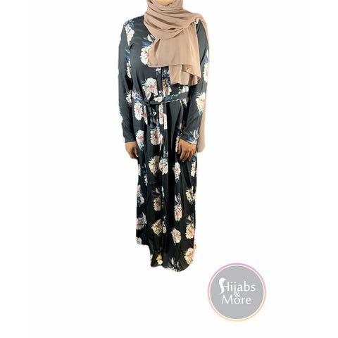 Floral Printed Long Sleeve Abaya - Black - Large - Abaya