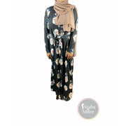Floral Printed Long Sleeve Abaya - Black - Small - Abaya