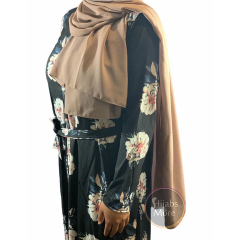 Floral Printed Long Sleeve Abaya - Black - Small - Abaya