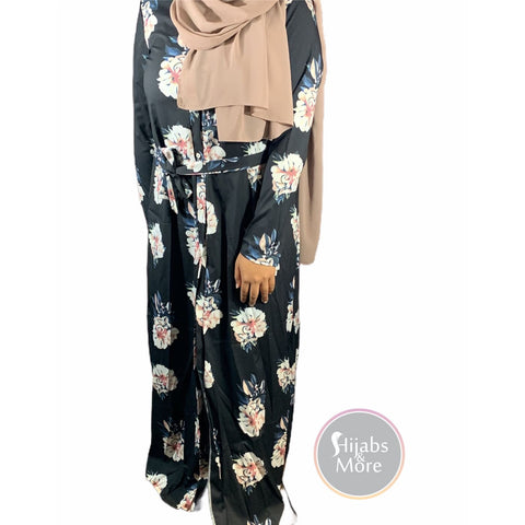 Floral Printed Long Sleeve Abaya - Black - Small - Abaya
