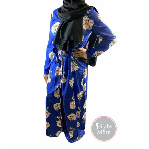 Floral Printed Long Sleeve Abaya - BLUE - Large - Abaya