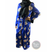 Floral Printed Long Sleeve Abaya - BLUE - X-Large - Abaya