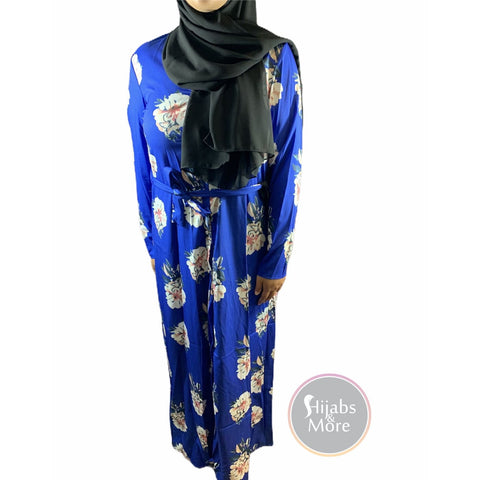 Floral Printed Long Sleeve Abaya - BLUE - X-Large - Abaya