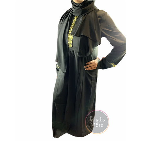 Printed Plain Long Sleeve Abaya - Black - Small - Abaya